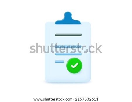 Clipboard with text and check icon. 3d vector illustration