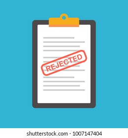 Clipboard with text document and rejected stamp on it. Vector illustration in flat style.