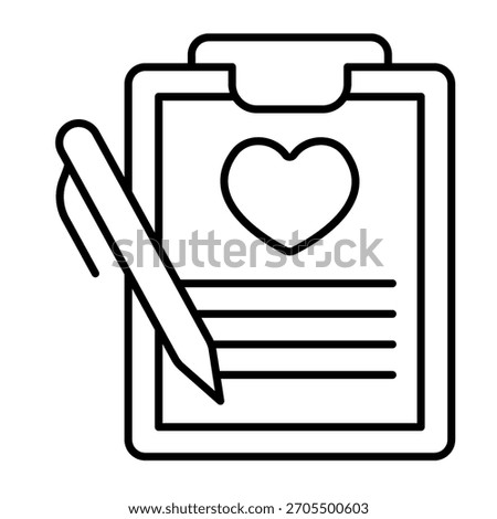 Clipboard of therapy test thin line icon, mental health concept. Vector graphics. Paper with heart shape and pen, psychology sign on white background, outline style icon for mobile or web design
