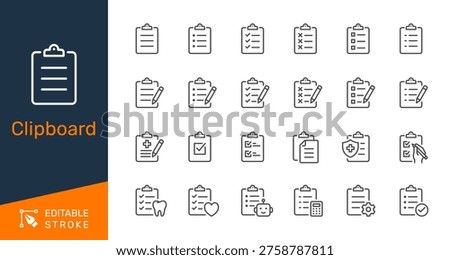 Clipboard thin line icon collection for checklist, document, task management and form concept. Editable stroke. Pixel perfect.