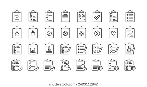 Clipboard thin line icons - check list, report, survey, questionnaire. Pixel perfect, editable stroke, 64px grid, vector eps10 illustration