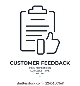 Clipboard with thumbs up. Customer feedback and review concept editable stroke outline icon isolated on white background flat vector illustration. Pixel perfect. 64 x 64.