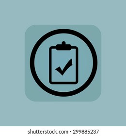 Clipboard with tick mark in circle, in square, on pale blue background