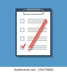 clipboard with to-do list and one checked task, flat vector illustration