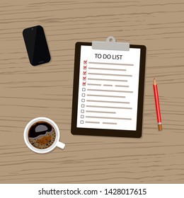 Clipboard with to-do list, pencil, coffee and smartphone. Vector illustration