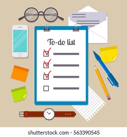 Clipboard with to-do list template, pencil, pen, glasses, wristwatch, post it notes, envelope, smartphone and piece of paper. EPS10 vector illustration in flat style.