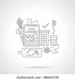Clipboard with training program table, carrot and lemon juice. Healthy lifestyle. Fitness and sport theme. Single detailed flat line vector icon. Web design elements for business, site, mobile app. 