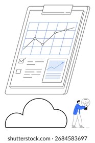 Clipboard with upward graph, checklists, and growth report. Person holding light bulb near cloud symbolizing ideas and innovation. Ideal for business presentations, data analysis, workflow