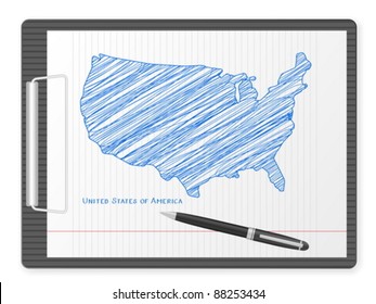 Clipboard with USA drawing map. Vector illustration.