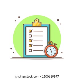 Clipboard Vector Icon Illustration. Checklist Board and Timer Icon Concept White Isolated. Flat Cartoon Style Suitable for Web Landing Page, Banner, Sticker, Background