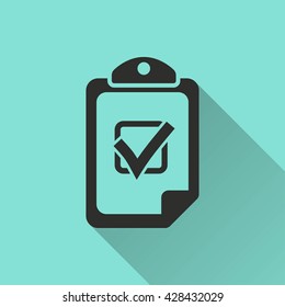Clipboard vector icon with long shadow. Black illustration isolated on green background for graphic and web design.