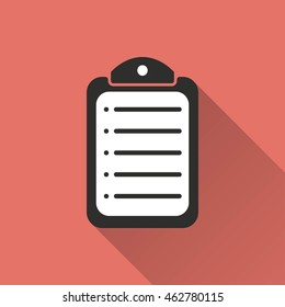 Clipboard vector icon with long shadow. IIllustration isolated on red background for graphic and web design.