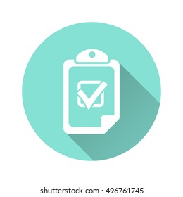 Clipboard vector icon with long shadow. White illustration isolated for graphic and web design.