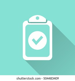 Clipboard vector icon with long shadow. White illustration isolated on green background for graphic and web design.