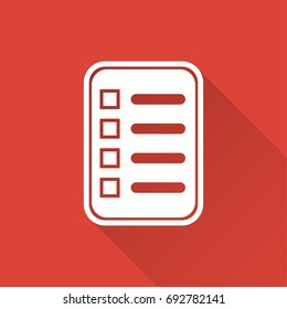 Clipboard vector icon with long shadow. White illustration isolated on red background for graphic and web design.