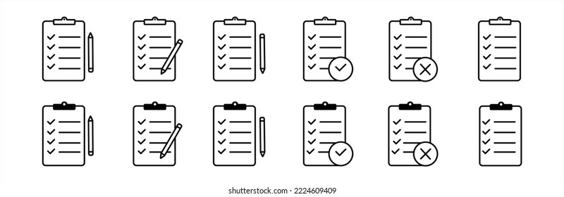 Clipboard vector icon set. check list sign line and outline isolated on white background. clip board or pad symbol. complete document page, quality test mark. illustration. clipboard check mark.