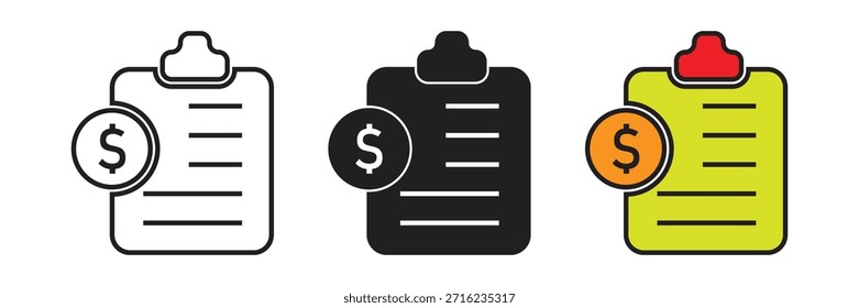 Vektorsymbol in der Zwischenablage mit einem Dollar-Münzsymbol für Finanzberichterstattung, Geschäftsrechnungen, Buchhaltungsdokumente und die Verfolgung von Budgetmanagement.