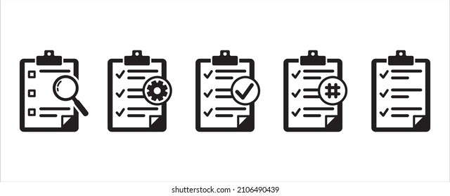 Clipboard vector icon set. Task check list board with check mark, circle, hash tag and cross icons set. Document or paper clamp board symbol design. Vector illustration