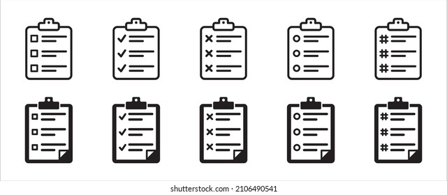 Clipboard vector icon set. Task check list board with check mark, circle, hash tag and cross icons set. Document or paper clamp board symbol design. Vector illustration