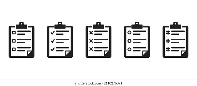 Clipboard vector icon set. Task check list board with check mark, circle, hash tag and cross icons set. Document or paper clamp board symbol design.