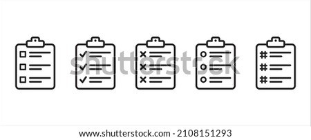 Clipboard vector icon set. Task check list board with check mark, circle, hash tag and cross icons set. Document or paper clamp board symbol design.