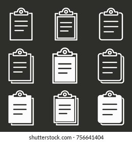 Clipboard vector icon. White illustration isolated on black background for graphic and web design.