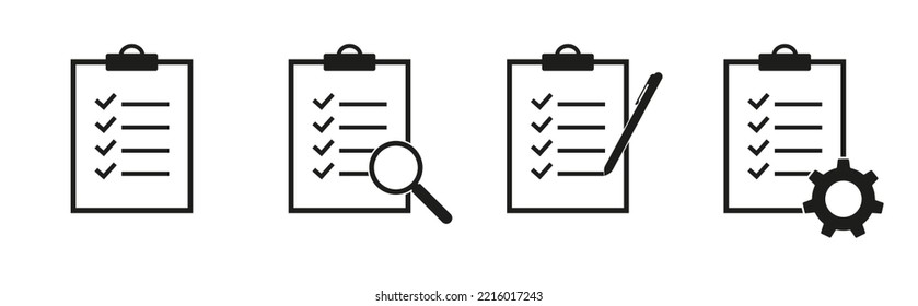 Clipboard vector icons.  Checklist with gear, checkmarks, magnifier and pencil.  Quality check line sign.  Isolated 
