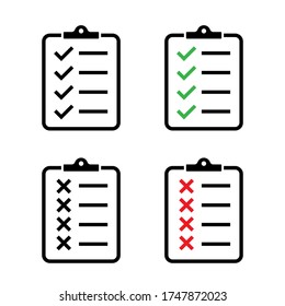Clipboard vector icons isolated. Task done sign.  Green check mark icons symbol.Tick symbol. Red cross tick. EPS 10
