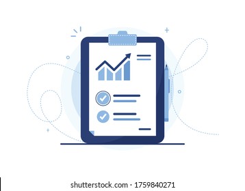 Clipboard vector illustration of analysis list with pen. Document with a sales schedule. Statistics, rise. Sales curve. Report sheet. Blue notebook, tablet. Check mark. Eps 10