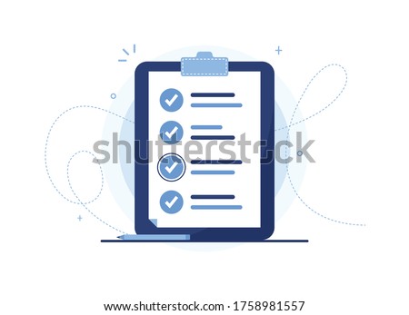 Clipboard vector illustration of a to-do list with pen. Page of work performed, preparation of the questionnaire, filling out documents. Organizer. Blue notebook, tablet. Check mark. Eps 10