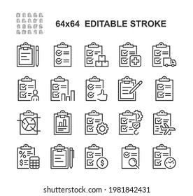 Clipboard Vector Line Icons Set. Editable Stroke, 64x64 Pixel Perfect.