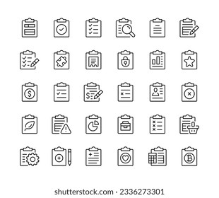 Clipboard. Vector line icons set. Clip boards, form, report, checklist, documents concepts. Black outline stroke symbols