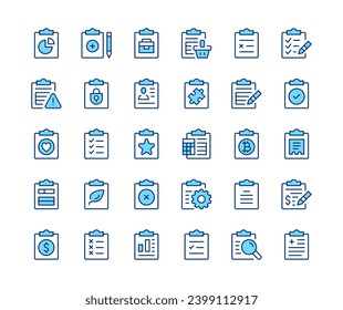 Portapapeles. Iconos de línea del vector establecidos. Paneles de clips, formulario, informe, lista de verificación, conceptos de documentos. Símbolos de trazo de contorno negro