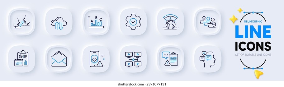 Clipboard, Video conference and Execute line icons for web app. Pack of Teamwork, Greenhouse, Survey results pictogram icons. Messages, Cyber attack, Cloud sync signs. Talk, Report, Mail. Vector