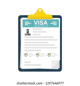 Clipboard with visa application. Filling out the form, applying for a visa. Vector illustration.