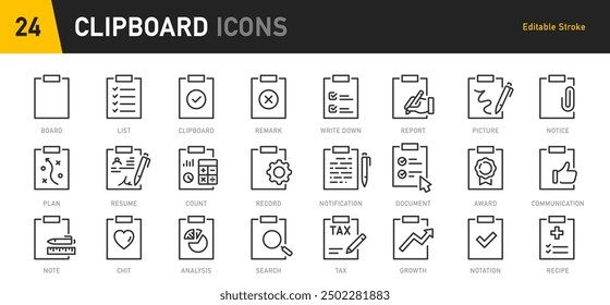 Clipboard web icons in line style. Checklist, report, petition, survey, collection. Vector illustration.	