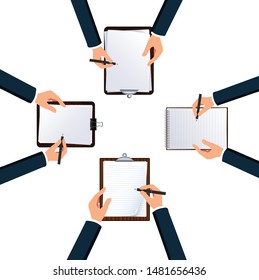 Clipboard with white blank paper and hand writing in 4 styles, 4 corners, white background - vector illustration
