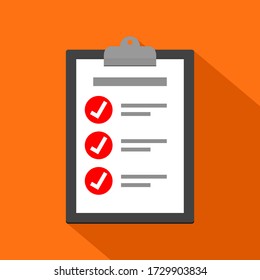 clipboard with white check mark sign on red circle and text symbol on white paper. checklist icon on orange color background for website and mobile application design element. vector illustration