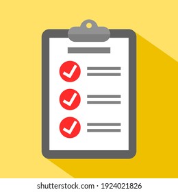 clipboard with white check mark sign on red circle and text symbol on white paper. checklist icon on yellow color background for website and mobile application design element. vector illustration