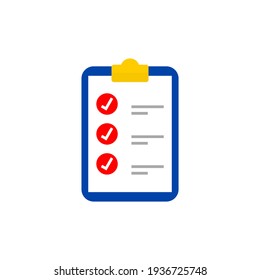 clipboard with white check mark sign on white paper. checklist icon isolated on white background. vector illustration