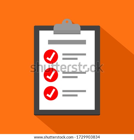 clipboard with white check mark sign on red circle and text symbol on white paper. checklist icon on orange color background for website and mobile application design element. vector illustration