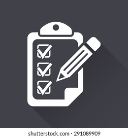 Clipboard - white icon with a long shadow on a black background. Vector illustration.