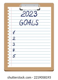 Clipboard with white sheet. Hand lettered text. 2023 Goals. Numbers for writing wish. Checklist, planning, motivation for new year. Business, plans, goals. Isolated icon, vector illustration. 
