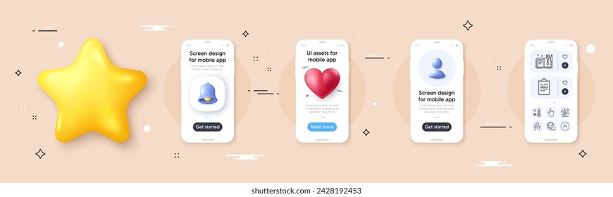 Clipboard, Windmill and Recipe book line icons pack. Phone screen mockup with 3d bell, star and placeholder. Swipe up, Weather thermometer, Internet pay web icon. Cursor, Stars pictogram. Vector