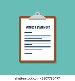 A clipboard with a witness statement document on a teal background. Flat design illustration.