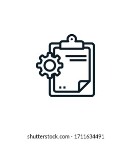 clipboard wiyh gear, project management, plan outline icons. Vector illustration. Editable stroke. Isolated icon suitable for web, infographics, interface and apps.