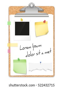 Clipboard with wooden texture and paper sheets photo tacks and sticky bookmarks 3d design vector illustration 