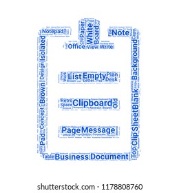 Clipboard word cloud vector design creative concept. Clipboard icon shape. Trendy vector word collection.