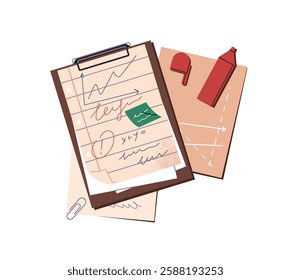 Clipboard with writings on paper sheets and open red felt tip pen, marker. Student's notes, records on clip board, school test or homework and highlighter. Flat isolated vector illustration on white