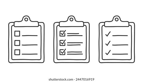 Clipboards with check boxes, check list icons, hand drawn doodle style, vector eps10 illustration